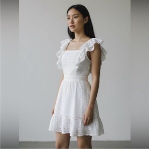 Alice + Olivia Remada Eyelet Cotton Ruffle Mini Dress White 2 NWT
